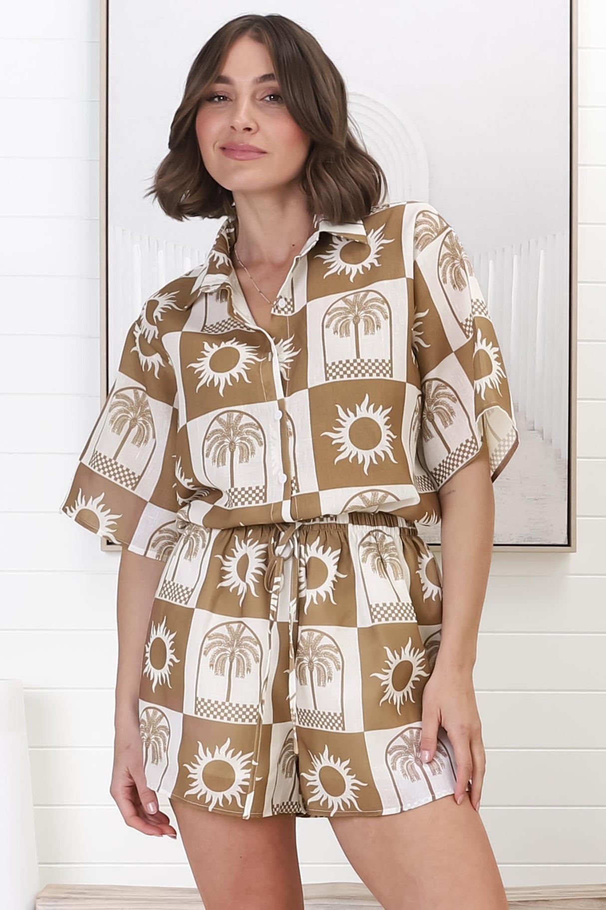 Mirian Button Up Shirt And Shorts Set - Layah Print in Beige