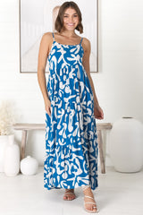 Kana Maxi Dress - Spaghetti Strap Asymmetric Tiered Dress in Jaxie Print Blue