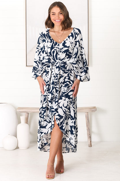 Casey Midi Dress - Kimono Sleeve High Low Dress with Waist Tie in Charis Print Blue