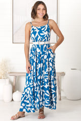 Kana Maxi Dress - Spaghetti Strap Asymmetric Tiered Dress in Jaxie Print Blue