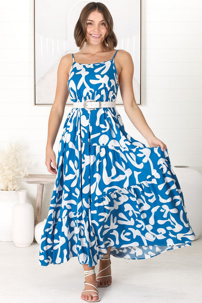 Kana Maxi Dress - Spaghetti Strap Asymmetric Tiered Dress in Jaxie Print Blue
