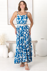 Kana Maxi Dress - Spaghetti Strap Asymmetric Tiered Dress in Jaxie Print Blue