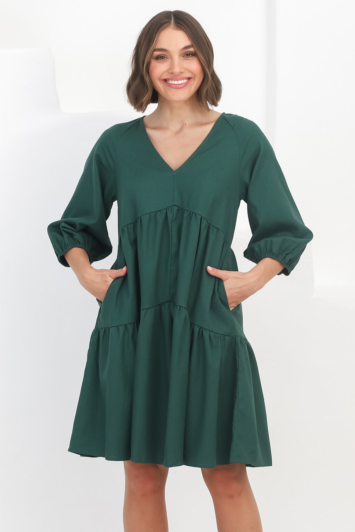 Astara Mini Dress -  V Neck Tiered Smock Dress in Green