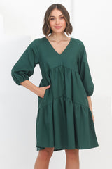 Astara Mini Dress -  V Neck Tiered Smock Dress in Green