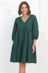 Astara Mini Dress -  V Neck Tiered Smock Dress in Green