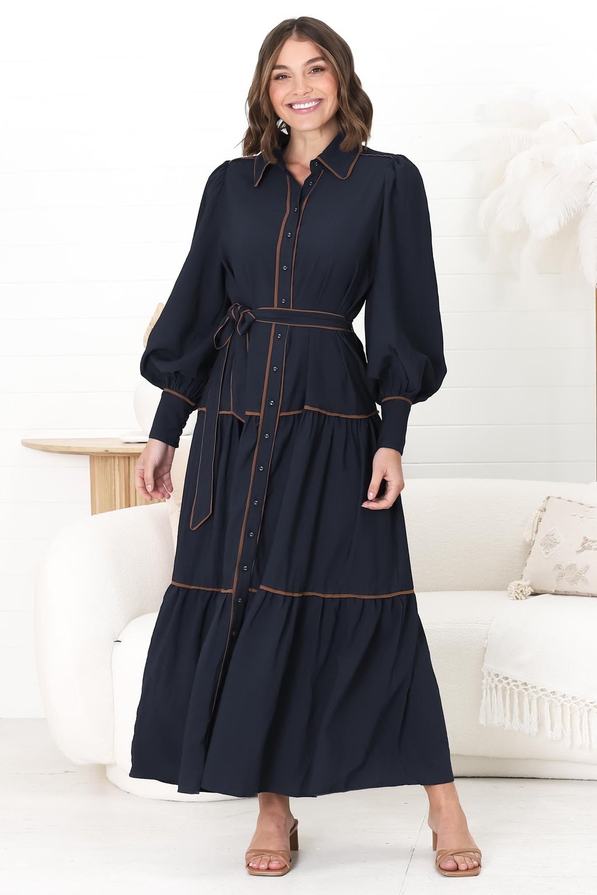 Marise Maxi Dress - A Line Dress with Collared Neckline and Long Sleeves in Navy