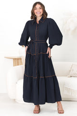 Marise Maxi Dress - A Line Dress with Collared Neckline and Long Sleeves in Navy