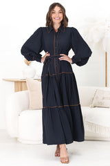 Marise Maxi Dress - A Line Dress with Collared Neckline and Long Sleeves in Navy