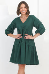 Astara Mini Dress -  V Neck Tiered Smock Dress in Green