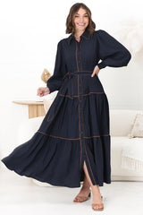 Marise Maxi Dress - A Line Dress with Collared Neckline and Long Sleeves in Navy