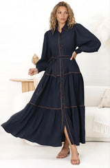 Marise Maxi Dress - A Line Dress with Collared Neckline and Long Sleeves in Navy