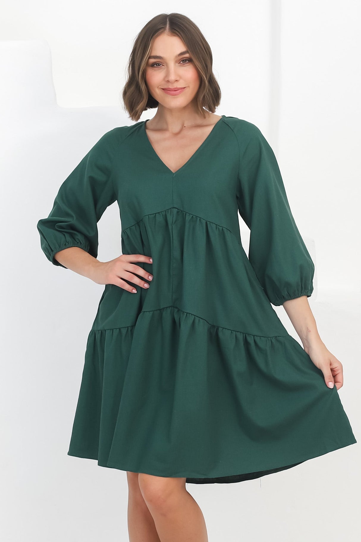 Astara Mini Dress -  V Neck Tiered Smock Dress in Green