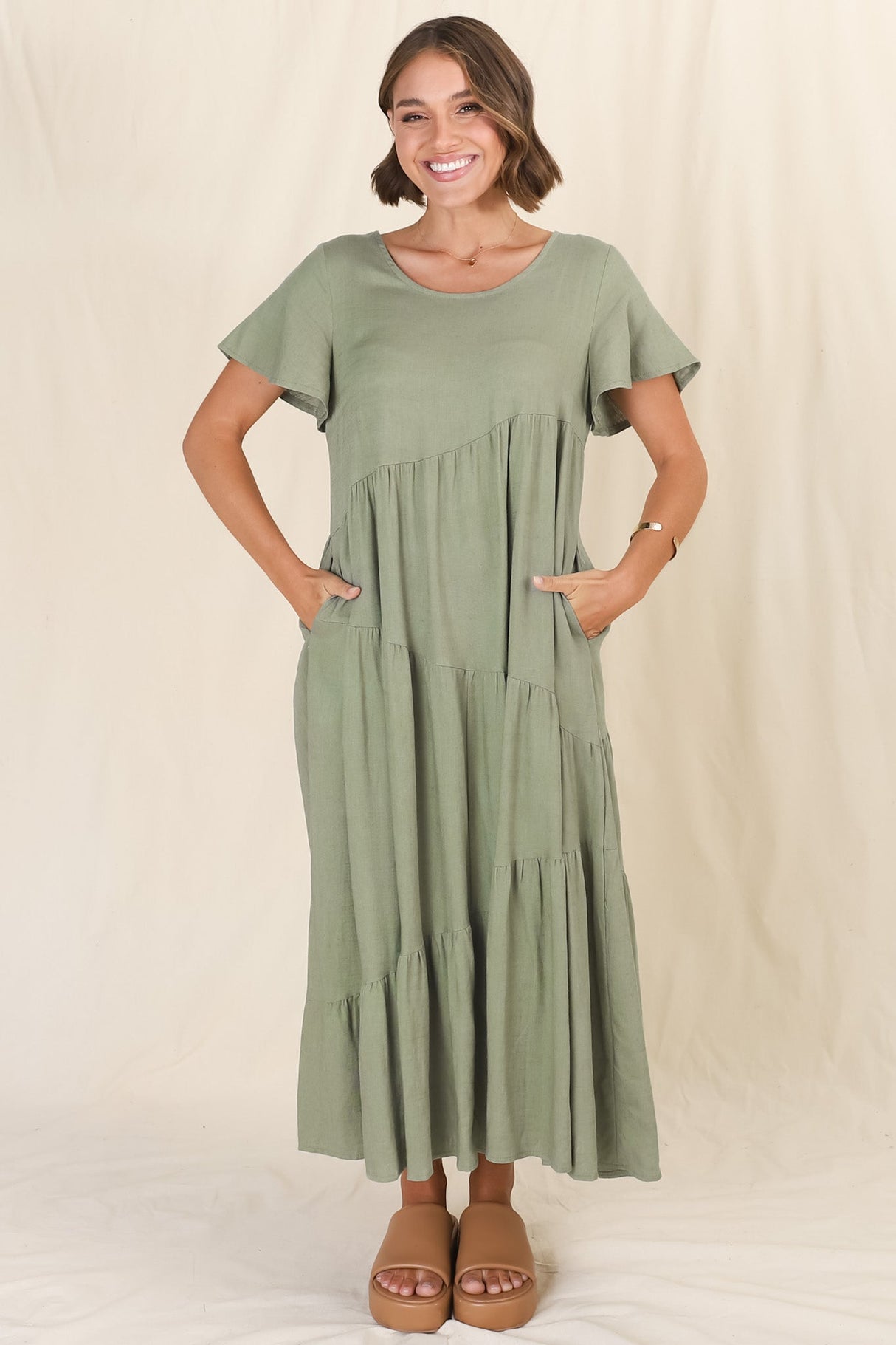 Allegra Midi Dress - Relaxed Asymmetric Tiered Linen Smock Dress in Khaki