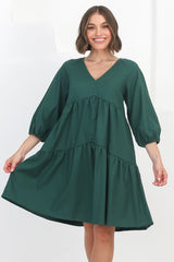 Astara Mini Dress -  V Neck Tiered Smock Dress in Green