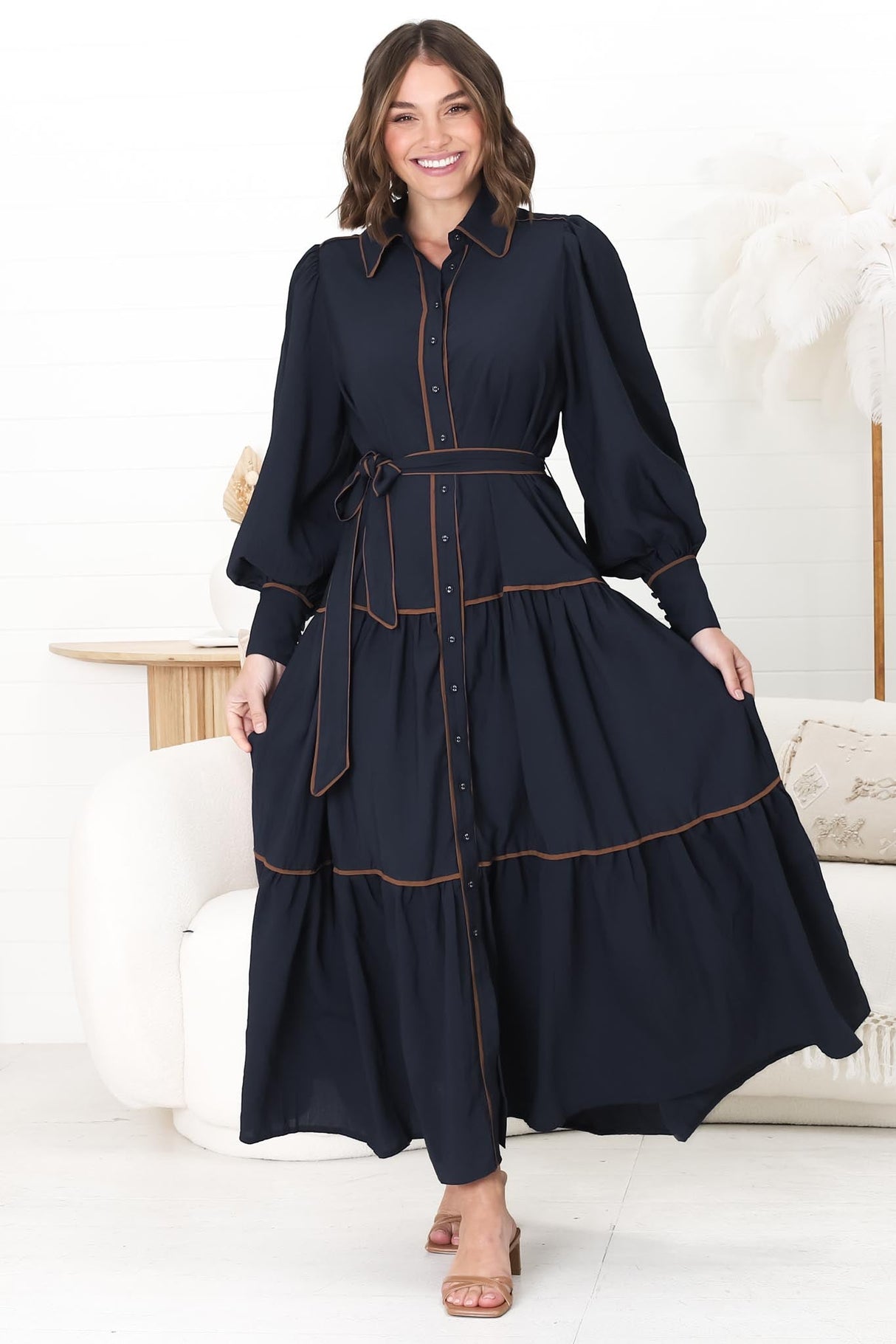 Marise Maxi Dress - A Line Dress with Collared Neckline and Long Sleeves in Navy