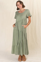 Allegra Midi Dress - Relaxed Asymmetric Tiered Linen Smock Dress in Khaki