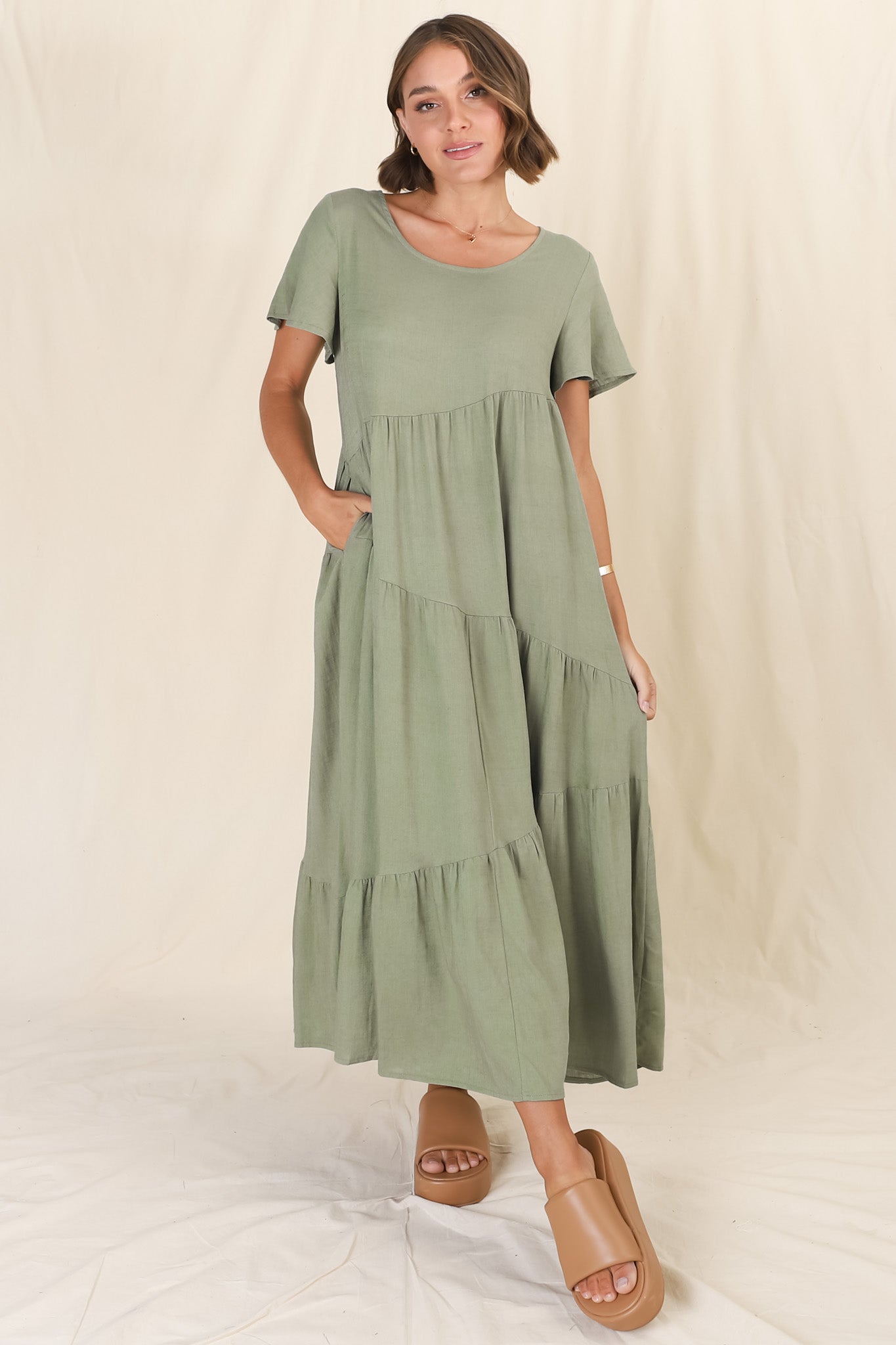 Allegra Midi Dress - Relaxed Asymmetric Tiered Linen Smock Dress in Khaki