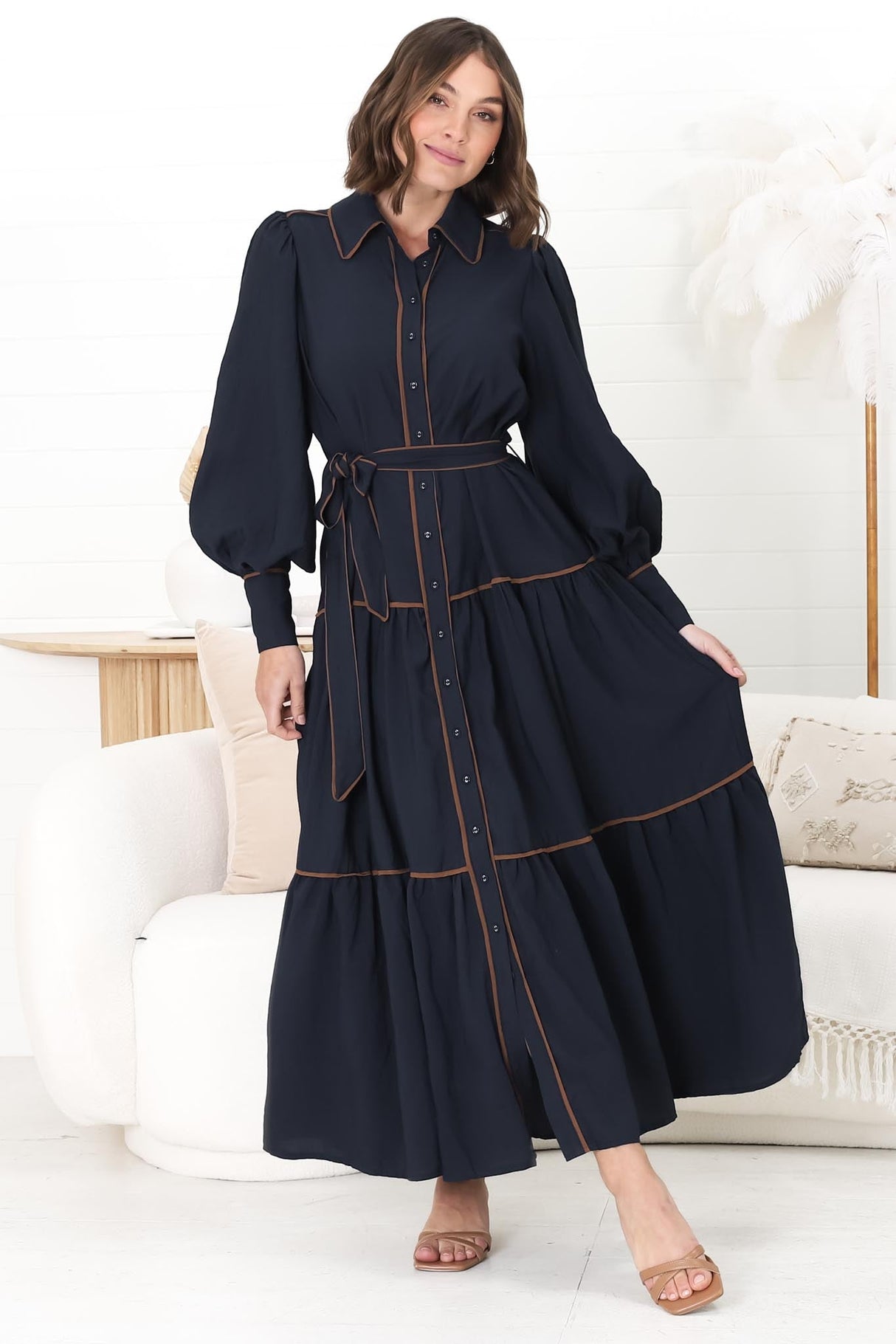 Marise Maxi Dress - A Line Dress with Collared Neckline and Long Sleeves in Navy