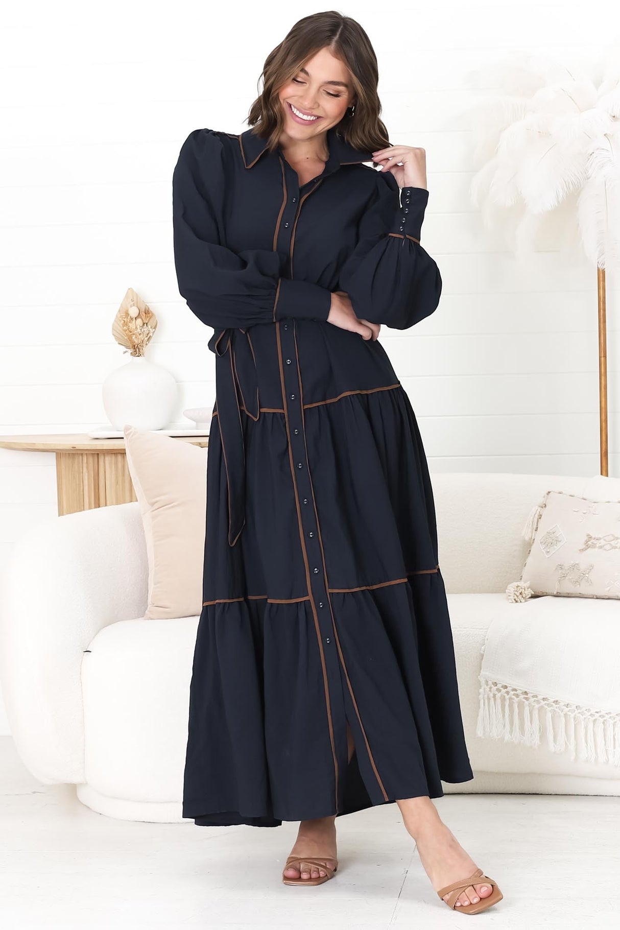 Marise Maxi Dress - A Line Dress with Collared Neckline and Long Sleeves in Navy