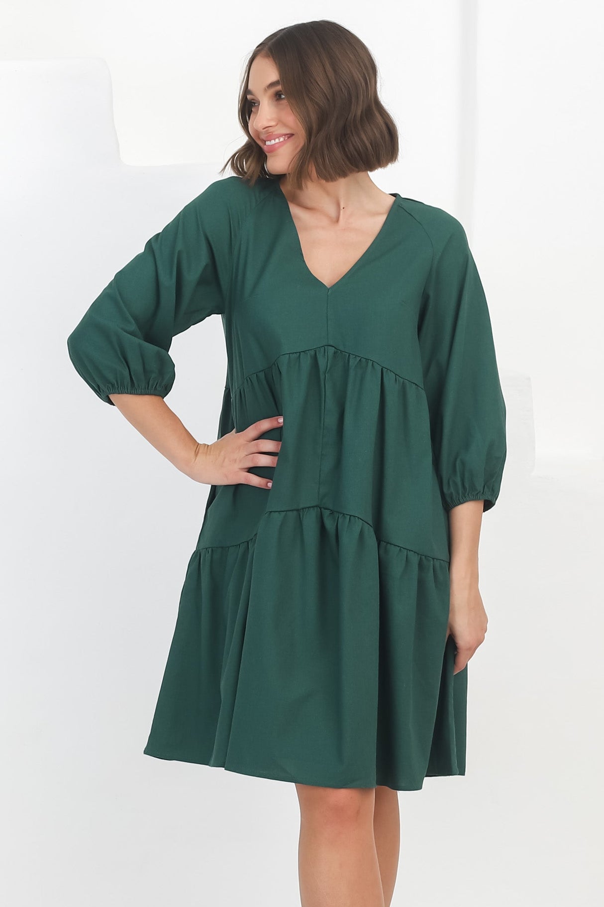 Astara Mini Dress -  V Neck Tiered Smock Dress in Green