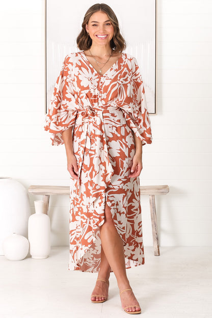 Casey Midi Dress - Kimono Sleeve High Low Dress with Waist Tie in Charis Print Rust