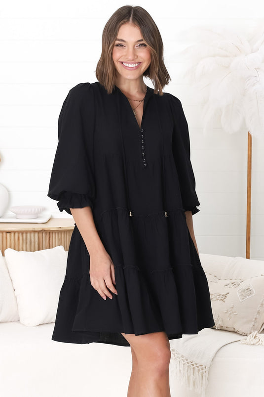 Marisa Mini Dress - Tiered Smock Dress with Balloon Sleeves in Black