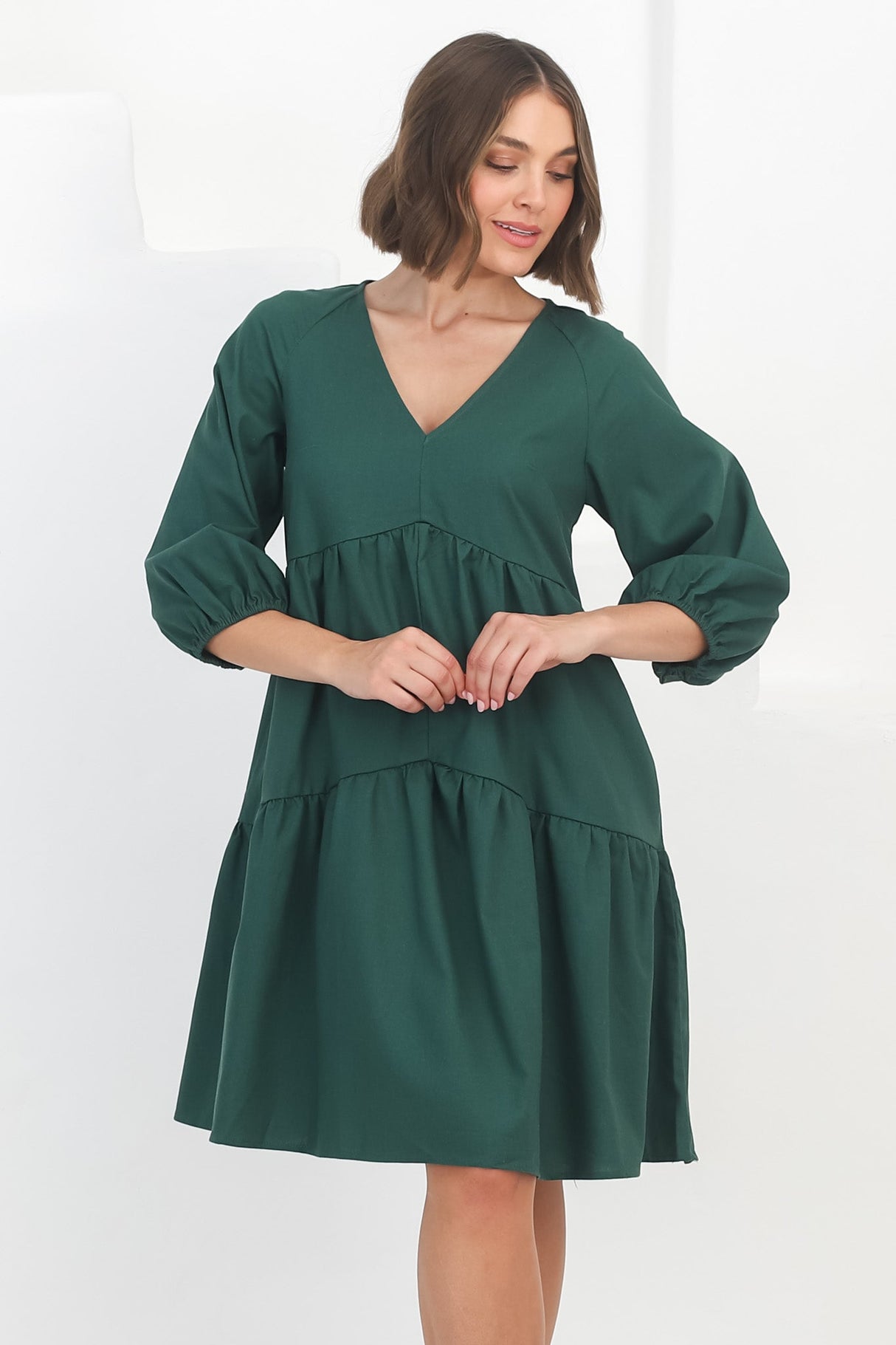 Astara Mini Dress -  V Neck Tiered Smock Dress in Green