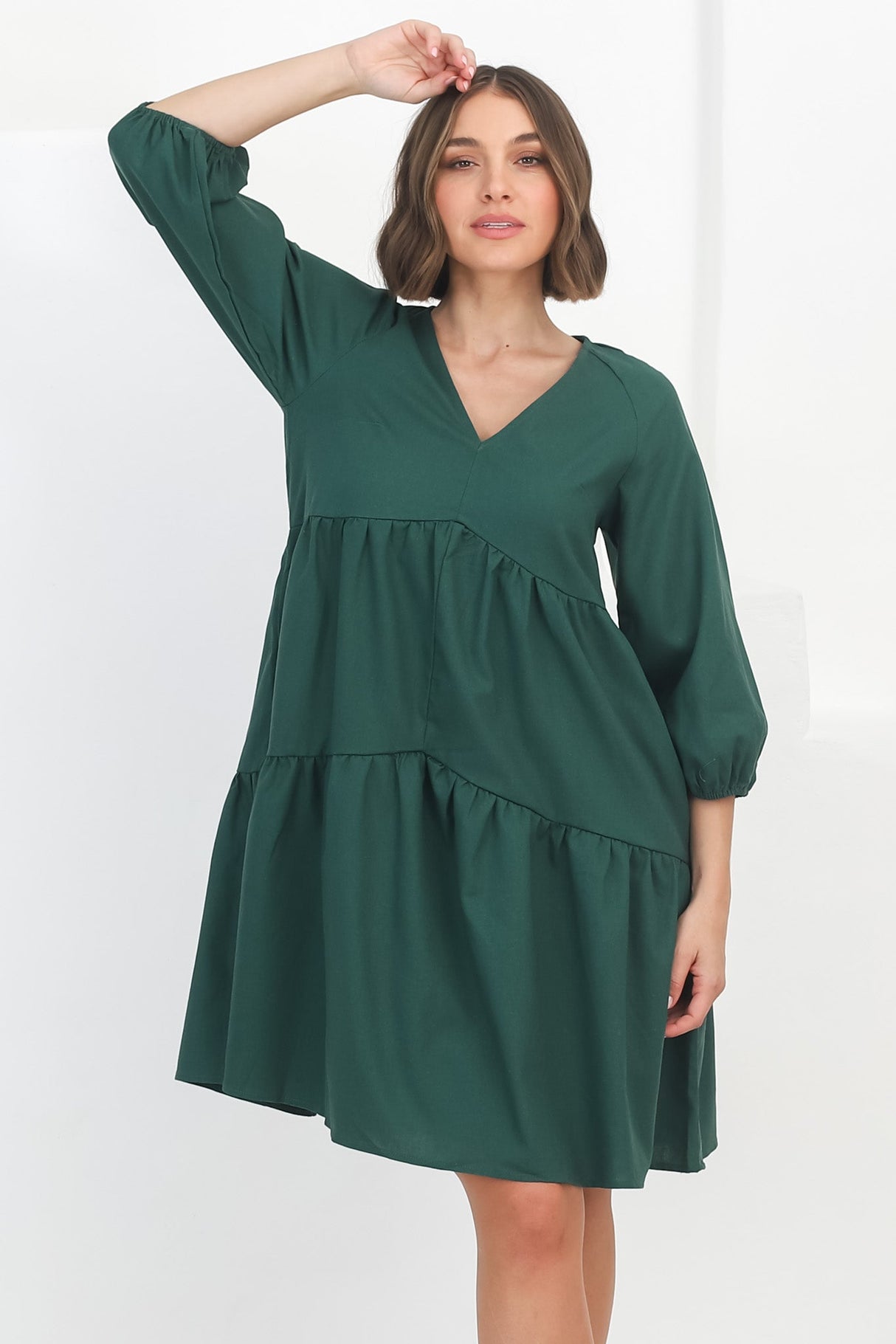 Astara Mini Dress -  V Neck Tiered Smock Dress in Green