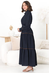 Marise Maxi Dress - A Line Dress with Collared Neckline and Long Sleeves in Navy