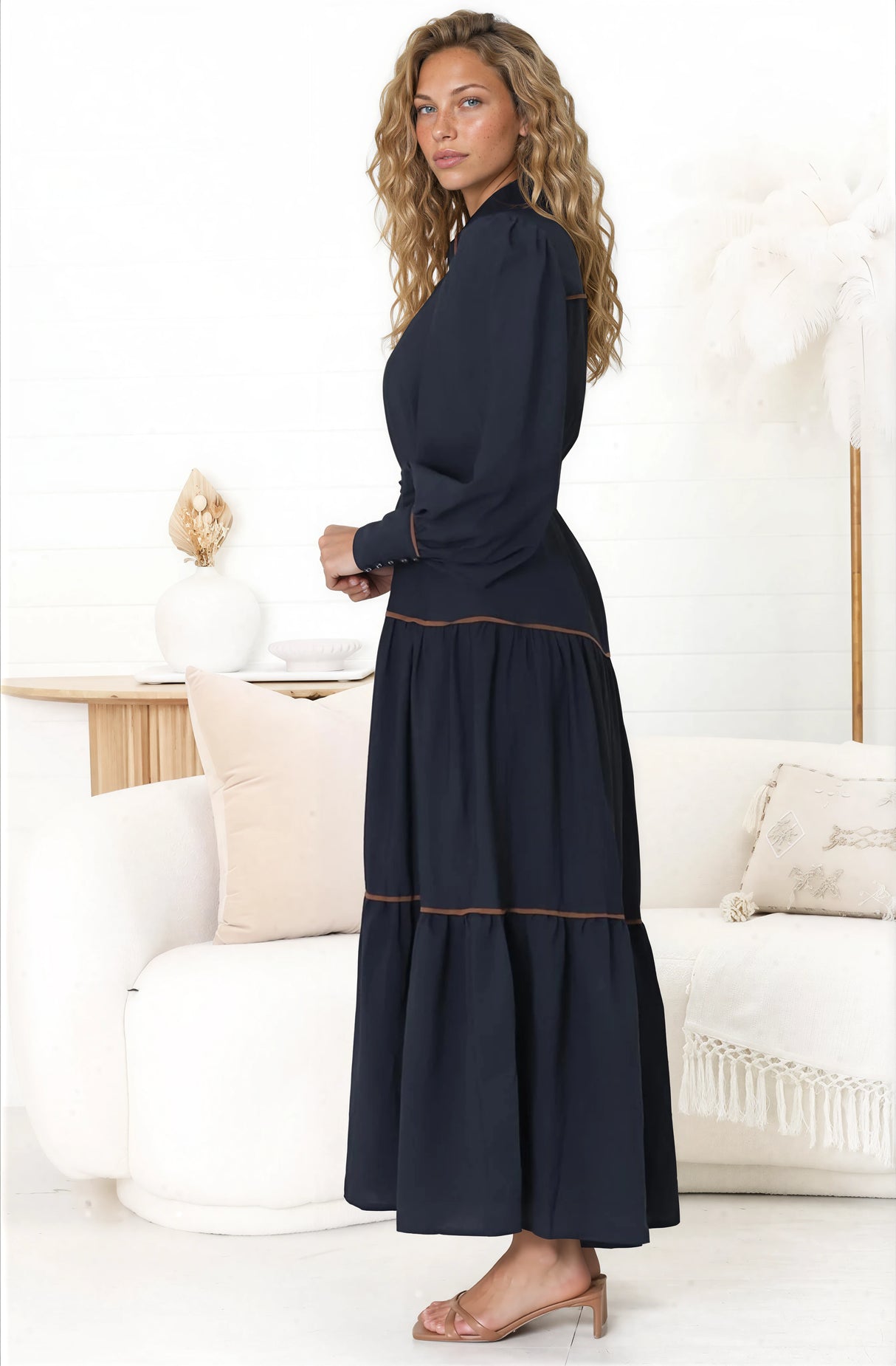 Marise Maxi Dress - A Line Dress with Collared Neckline and Long Sleeves in Navy