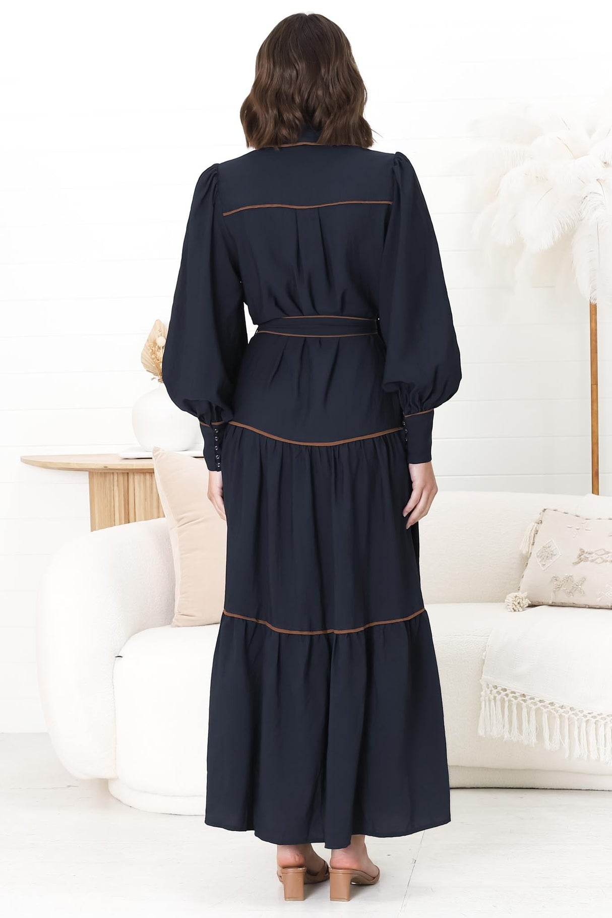 Marise Maxi Dress - A Line Dress with Collared Neckline and Long Sleeves in Navy