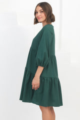 Astara Mini Dress -  V Neck Tiered Smock Dress in Green