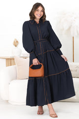 Marise Maxi Dress - A Line Dress with Collared Neckline and Long Sleeves in Navy