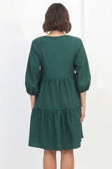 Astara Mini Dress -  V Neck Tiered Smock Dress in Green