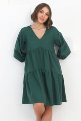 Astara Mini Dress -  V Neck Tiered Smock Dress in Green