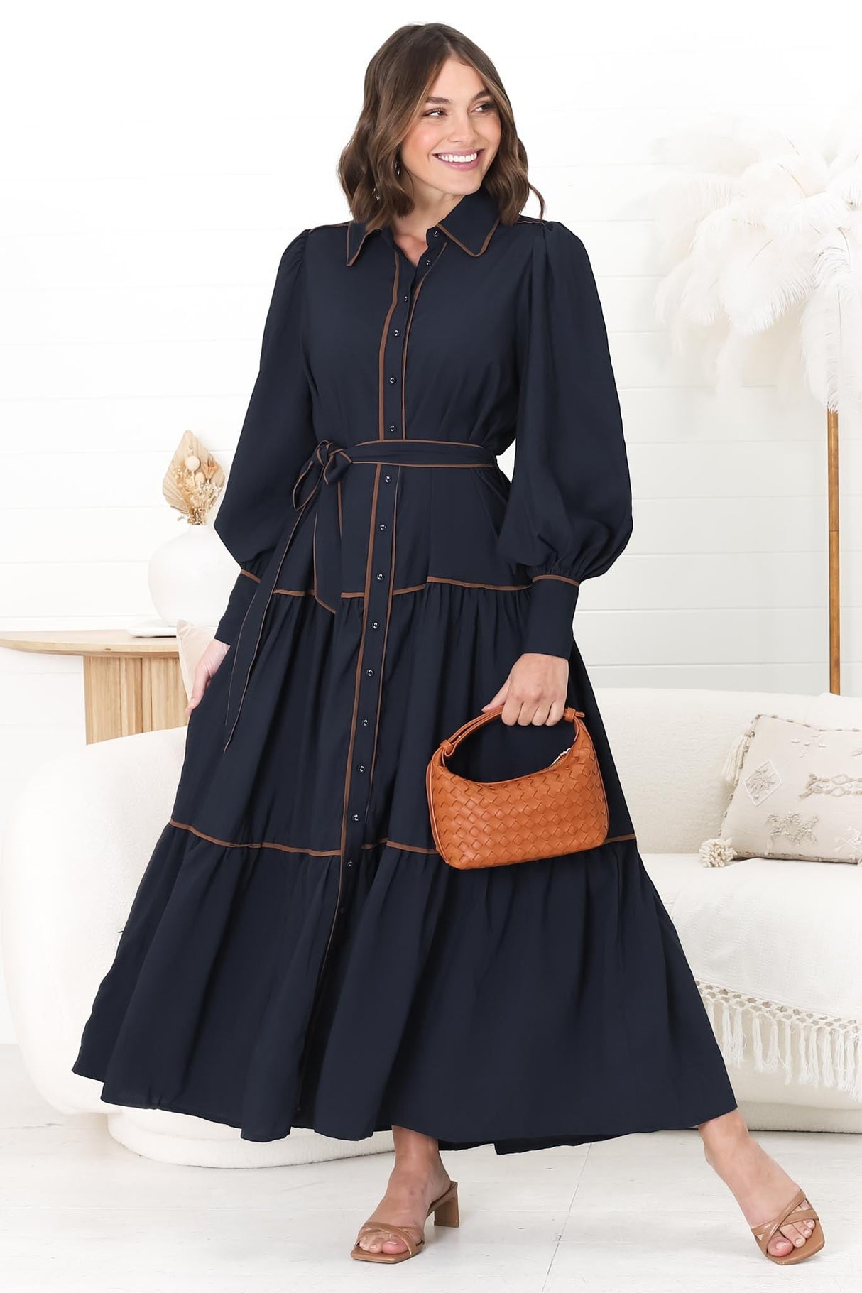 Marise Maxi Dress - A Line Dress with Collared Neckline and Long Sleeves in Navy