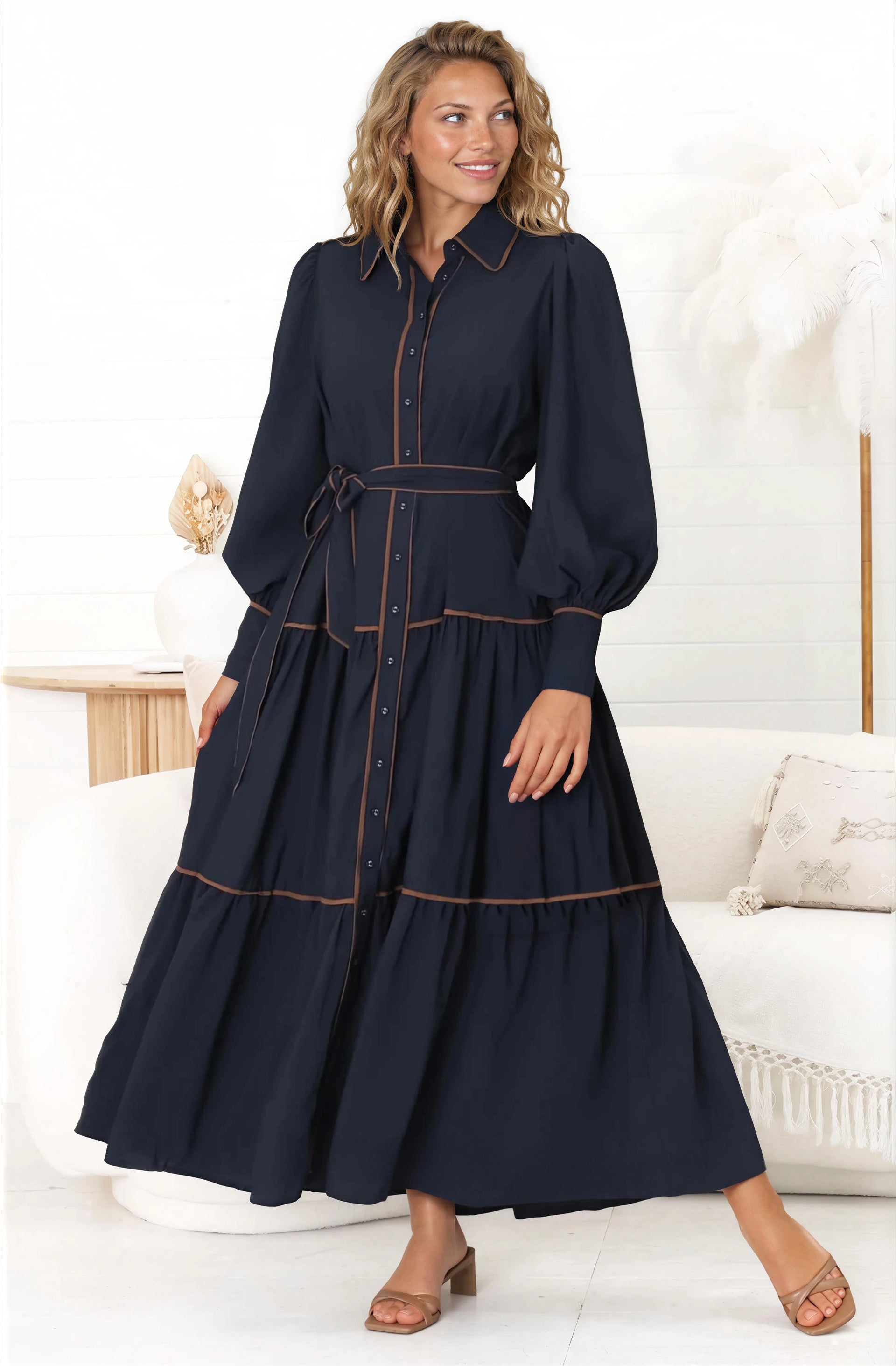 Marise Maxi Dress Line Dress Collared Neckline Long Sleeves