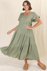 Allegra Midi Dress - Relaxed Asymmetric Tiered Linen Smock Dress in Khaki