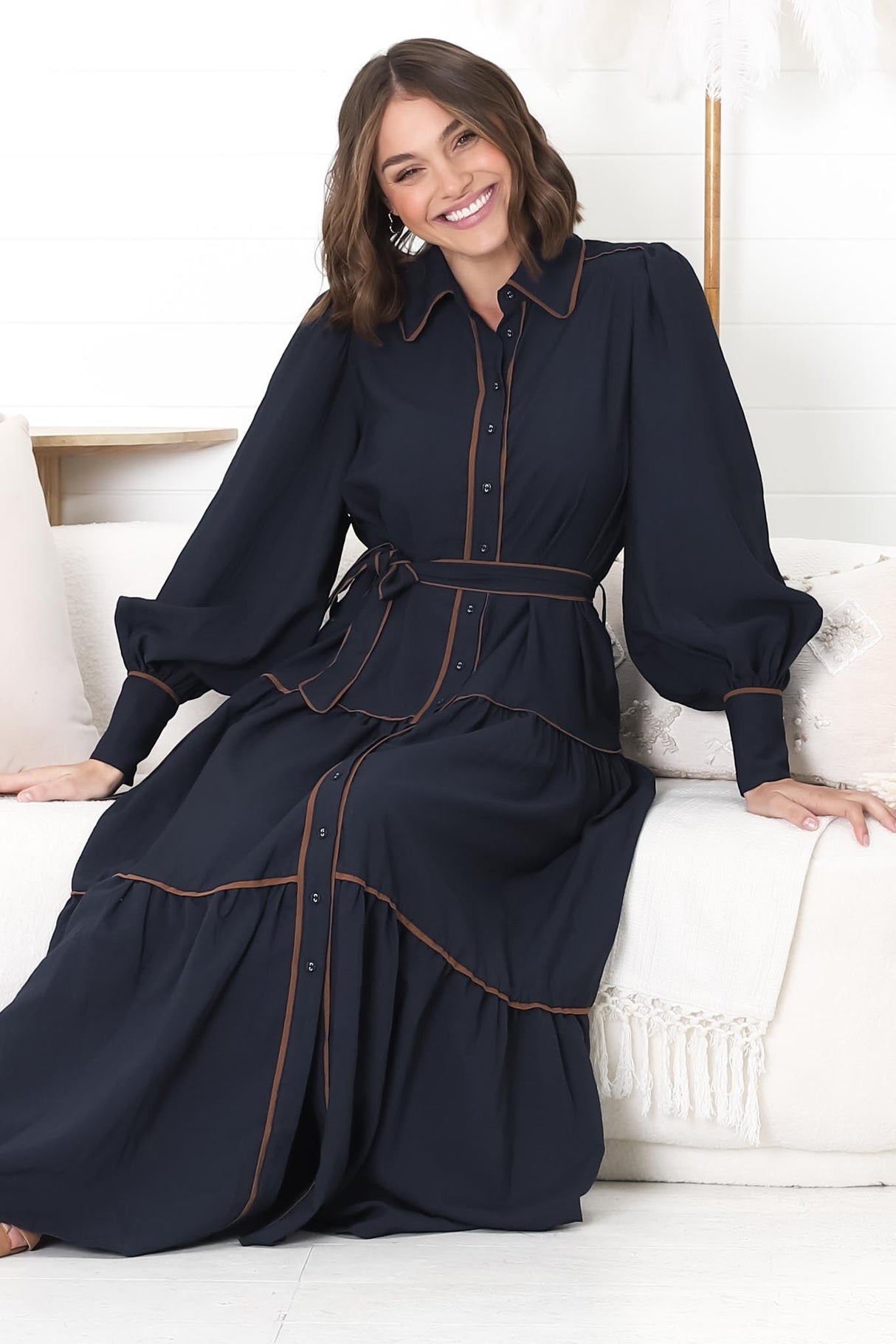 Marise Maxi Dress - A Line Dress with Collared Neckline and Long Sleeves in Navy