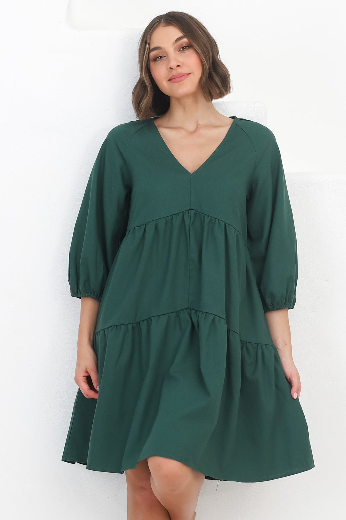 Astara Mini Dress -  V Neck Tiered Smock Dress in Green