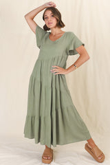 Allegra Midi Dress - Relaxed Asymmetric Tiered Linen Smock Dress in Khaki