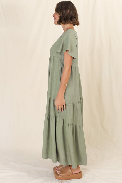 Allegra Midi Dress - Relaxed Asymmetric Tiered Linen Smock Dress in Khaki