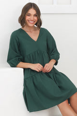 Astara Mini Dress -  V Neck Tiered Smock Dress in Green