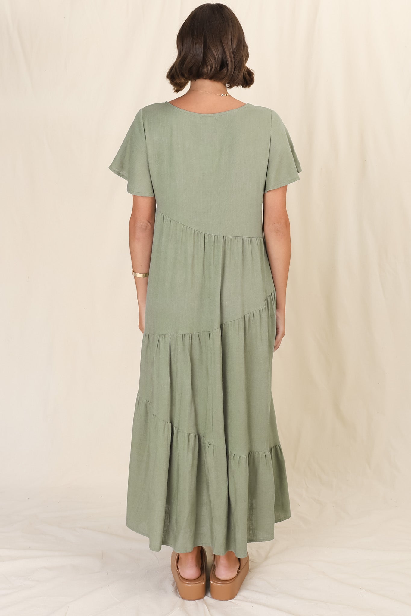 Allegra Midi Dress - Relaxed Asymmetric Tiered Linen Smock Dress in Khaki