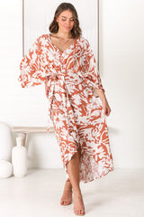 Casey Midi Dress - Kimono Sleeve High Low Dress with Waist Tie in Charis Print Rust