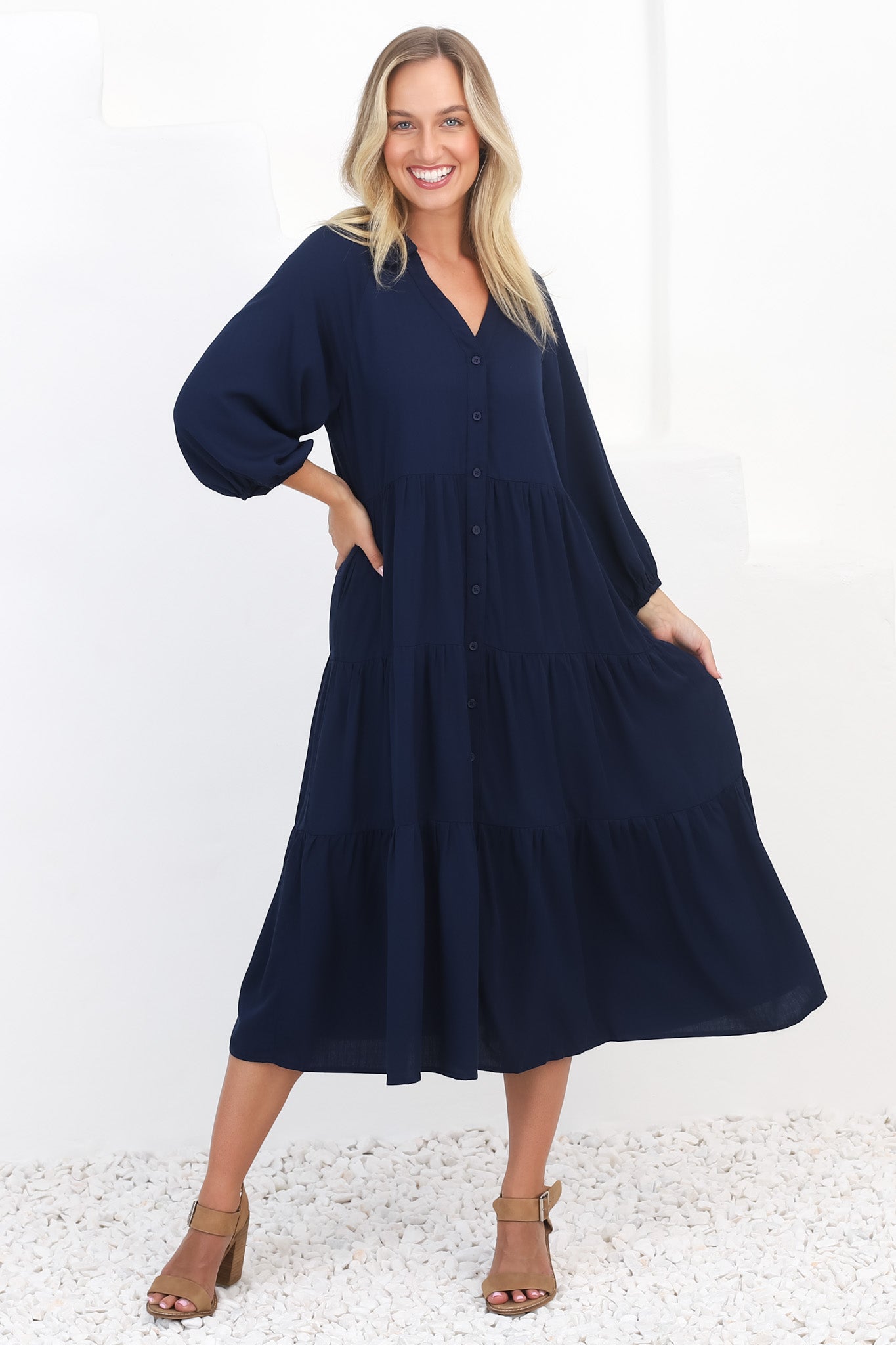 Zaraha Midi Dress - Folded Collar Button Down Tiered Dress in Navy