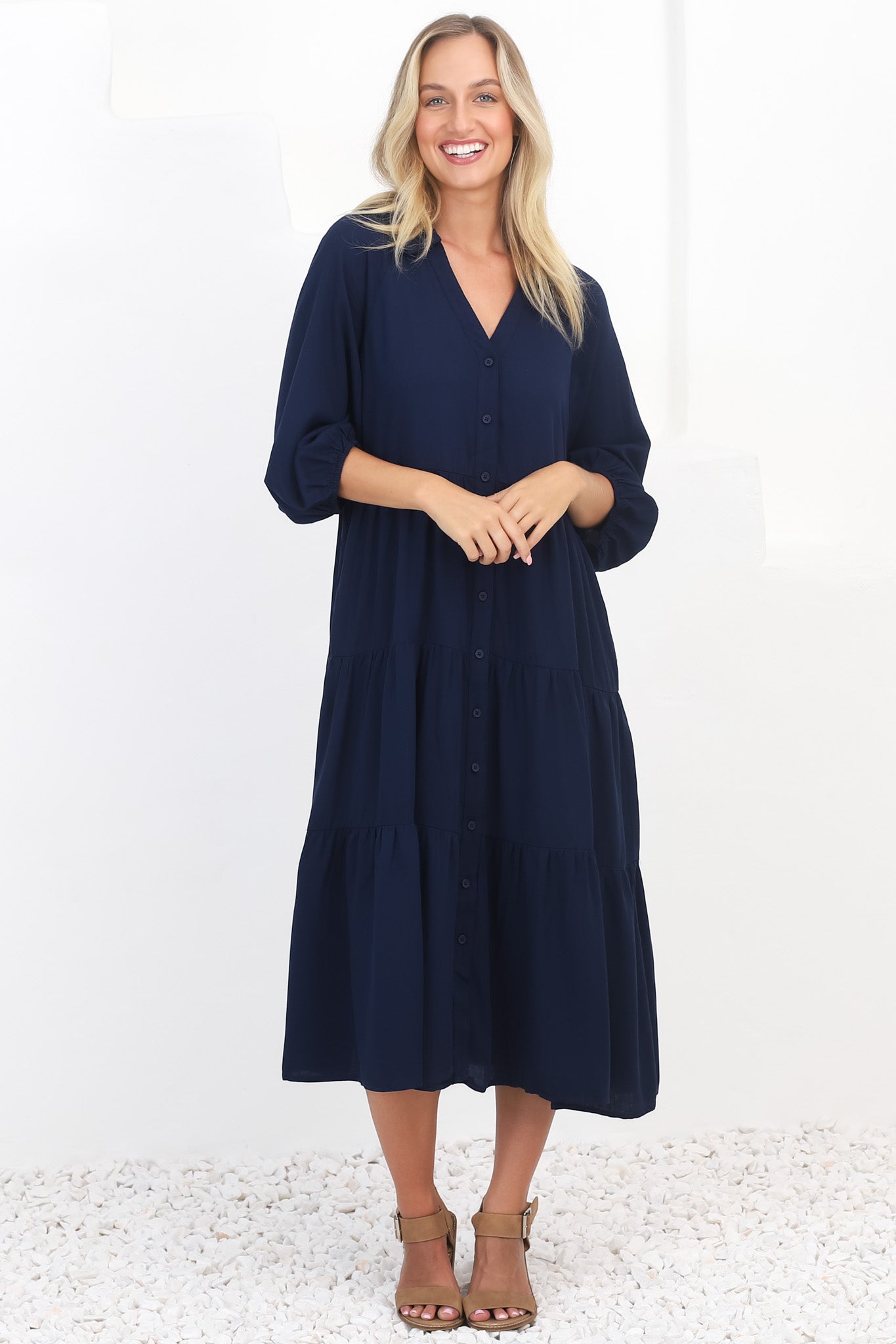 Zaraha Midi Dress - Folded Collar Button Down Tiered Dress in Navy