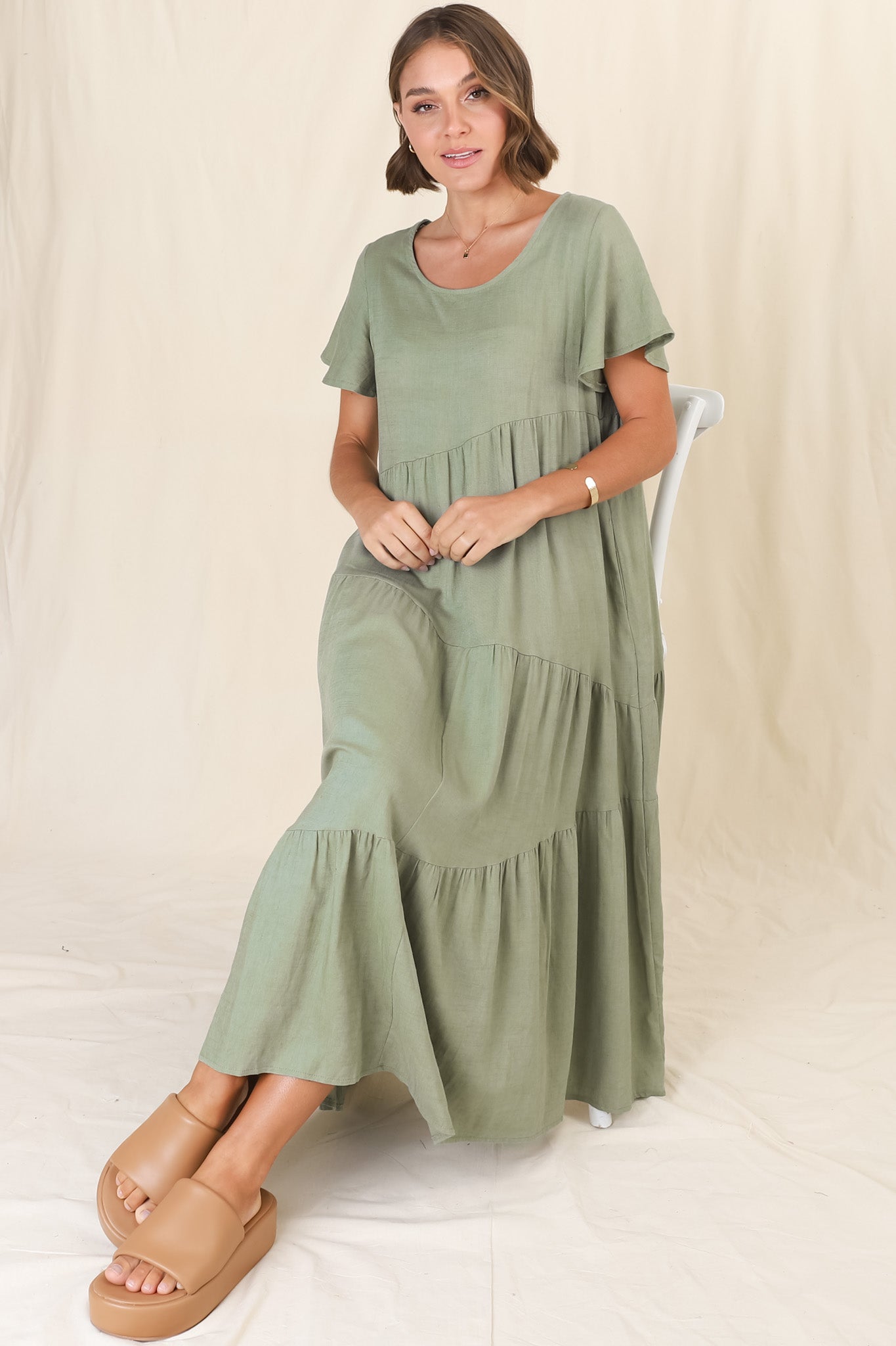 Allegra Midi Dress - Relaxed Asymmetric Tiered Linen Smock Dress in Khaki