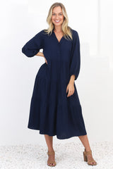 Zaraha Midi Dress - Folded Collar Button Down Tiered Dress in Navy