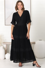 Peony Maxi Dress - Lace Detailed A Line Dress with Flute Sleeves in Black